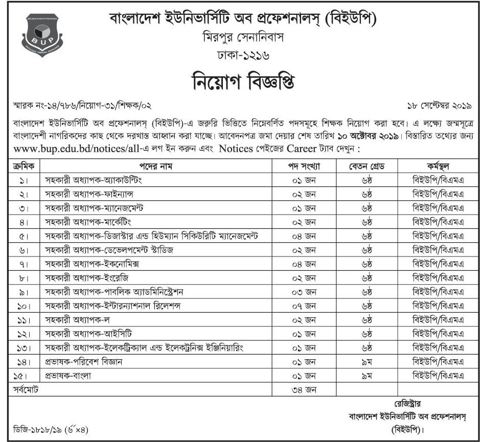 বাংলাদেশ ইউনিভার্সিটি অফ প্রফেশনালস (বিইউপি) জব সার্কুলার || Bangladesh University of Professionals (BUP) Job Circular 2019